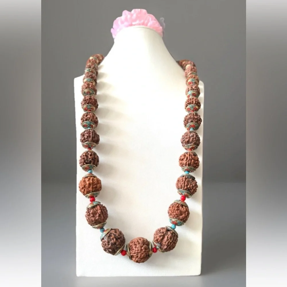 Vintage Rudraksha Yoga Necklace Capped With Bronze Inlay Turquoise & Coral 35”in - Picture 3 of 10